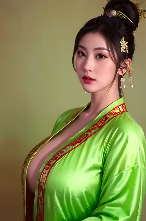 beautiful a girl、topknot,Chinese hair ornament:1.4,Chinese hairsticks:1.4,high-level image quality、Like a shot with an SLR、big breast beauty、Sensual body、chinese clothes、slit、Painting a work of art depicting a woman in a traditional cheongsam