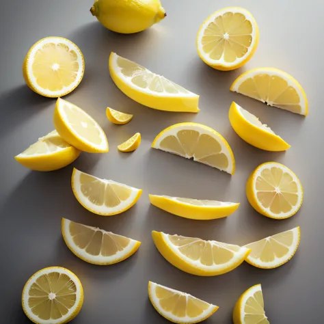 lemon slices flying on white background