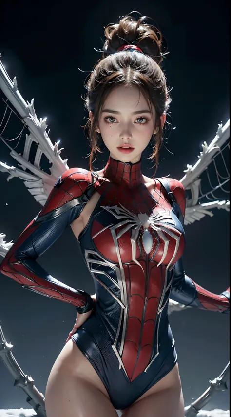 (wearing torn spider-man blue and red costume), naked photo, face of 20 yo european female as ((spider-man)) looking up at the sky, (dark brown ponytail hair, almond eyes, brown large eyes, small face, cute face, mole under mouth, Indecent crest), masterpi...