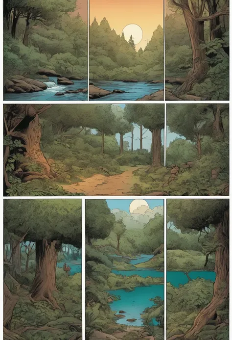 Quadrinhos americanos, The comic is presented in several irregular panels with colors. The Mystery of the Enchanted Forest . The style is exaggerated and detailed