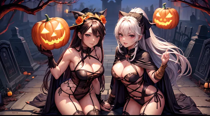 2 hot adult anime women in very slutty costumes dressed as a witch and a mummy trick or treating in a grave yard with ghosts, Frankenstein, and pumpkins in the style of anime and make it nsfw