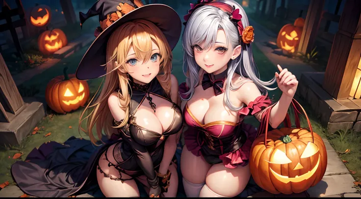 2 hot adult anime women in very slutty costumes dressed as a witch and a mummy trick or treating in a grave yard with ghosts, Frankenstein, and pumpkins in the style of anime and make it nsfw