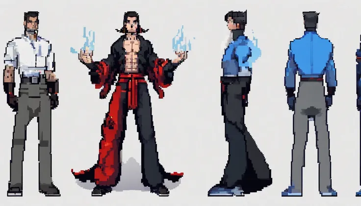 middle aged man, Evil painting style, A high resolution, Black color hair one bang infront, warrior, Delicate three-dimensional blue flame demon face, Expression of anger, Perfect body proportions, Black baggy pants and blue tank top, Handsome, The seven-d...