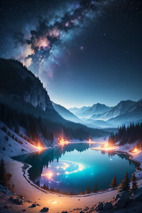 A magnificent translucent mountain lake in which we can see the galaxy with stars and spatial dust, very detailed and textured