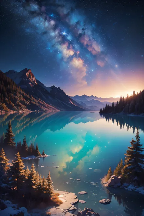 A magnificent translucent mountain lake in which we can see the galaxy with stars and spatial dust, very detailed and textured