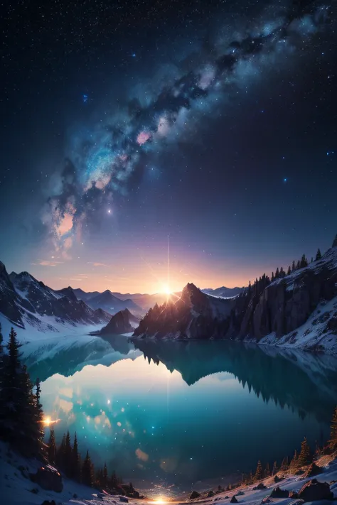 A magnificent translucent mountain lake in which we can see the galaxy with stars and spatial dust, very detailed and textured