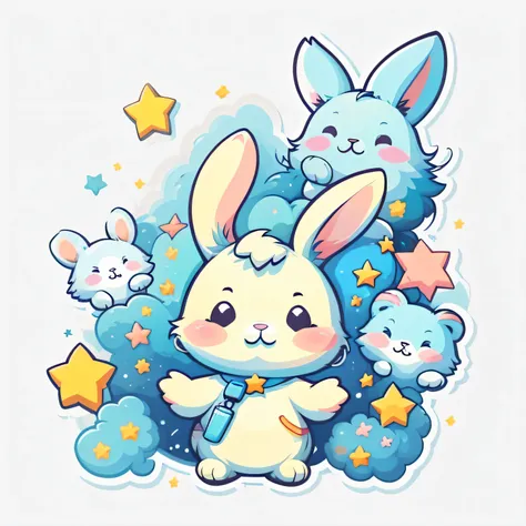 1 sticker, sticker, (cute, bunny), stars, white background, no background, simple background, minimal, cute, tiny, pastel color, vector style, no gradient,