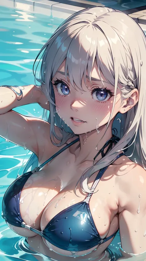 1 beauty, Light Purple Eyeshadow,platinum-blonde-hair, Watery Big Eyes,Beautiful constriction,teeth are slightly protruding,Shy smile,long eyelasher,Blushlush, in poolside, Wet whole body, ((Platinum Color Bikini Swimsuit:1.2)),(long hair wet and dishevele...