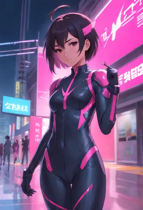 Close-up of a woman in a black and pink suit, concept art inspired by INO, cgsociety contest winner, neo-figurative, in spandex suit, Streamlined pink armor, slick pink armor, bubblegum body, Full body suit, tight full body suit, laserpunk fullbodysuit, cy...