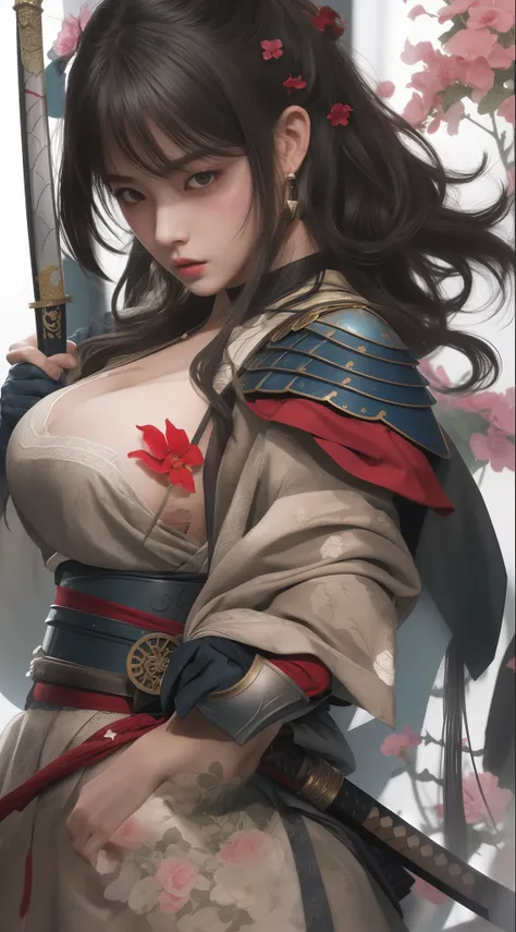 a woman in armor holding a sword and a flower, female samurai, female warrior, beautiful female warrior, a beautiful woman warrior, by Yang J, inspired by Du Qiong, japanese warrior, katana, extremely detailed artgerm, magali villeneuve, warrior princess, ...