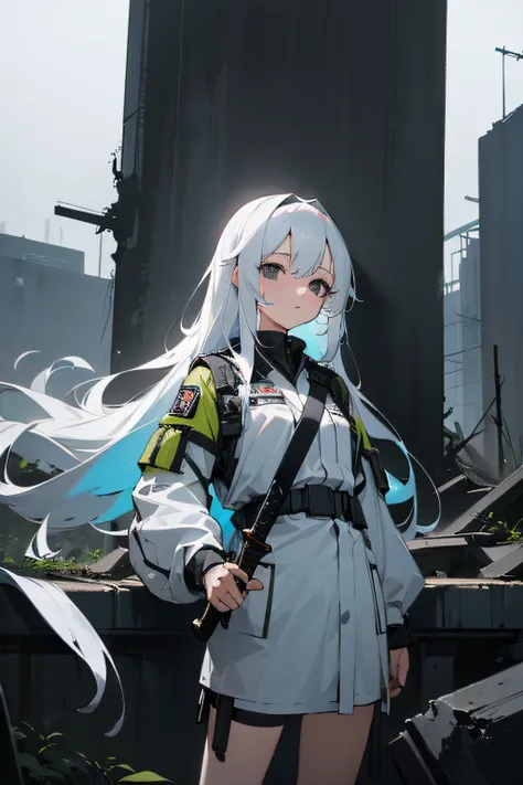 (masterpiece:1.2), best quality , PIXIV, 10 years girl , long white hair , black eyes ,Wearing white and gray camouflage uniforms , (anime girl have a black long knife in her hand) ,She stands in the ruins ,The sky is dark, at modern, (sky dim light)