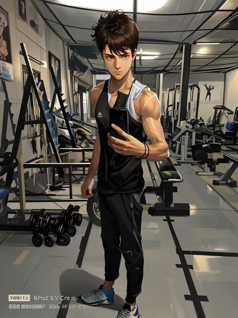 hes man short hair brown hair brown eyes messy hair Hes very short 1.59 m hes wearing the grey gym pants and a black tank top Hes a person who is moderately strong, hes got hes got a little bit of muscle, hes in shoes.mobile I phone.