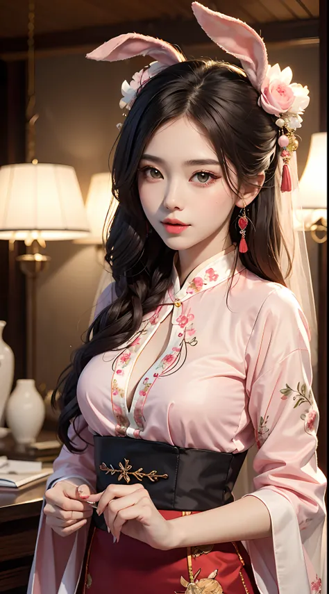 A stunning girl in a traditional hanfu costume, adorned with a thin red silk shirt featuring intricate yellow motifs. Her black lace top adds a touch of elegance to her outfit, while her light pink rabbit ears add a playful element. Her long hair is dyed a...