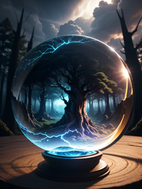 Ultra-realistic, 16K high resolution, (Max Sharp Focus: 1.3), (Max Close-up: 0.5), (World Tree trapped in a Crystal Perfect Ball with pedestal: 1.7), (Light, Storm, Black Clouds Shine into Dark Forest: 1.4)