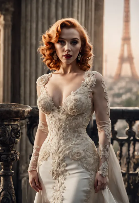 marilyn monroe, elizabeth olsen, redhead, auburn hair, full body image, full body view, green eyes, black lace, queen anne white wedding dress, choker, heels, tattoos on left arm, standing in a paris, detailed, perfect face, detailed pupils, perfect anatom...