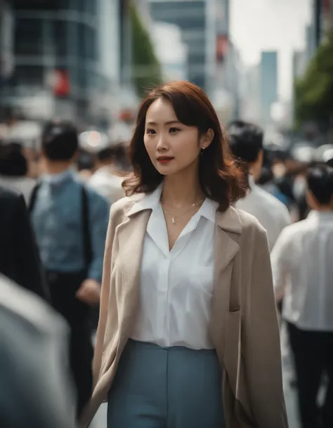 Against the backdrop of people walking at Shibuya intersection, Morning sky, natural light, Adjust the lighting to match the scene......, sharp, sharp, close up shot, shirt, Same move....., Half-body photo, japan, in Tokyo, In Tokyo Shinjuku, In NeoTokyo, ...