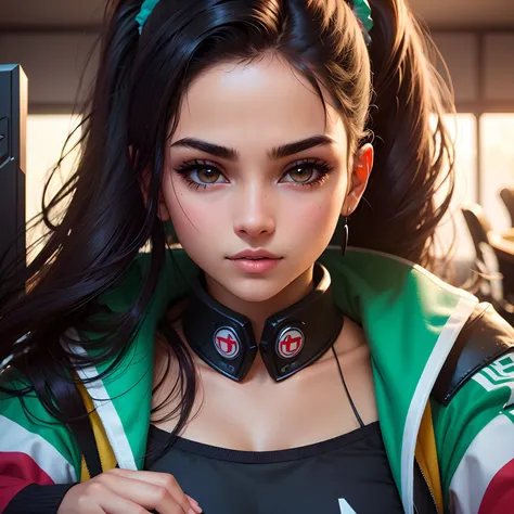 Beautiful Mexican gamer girl, side close up