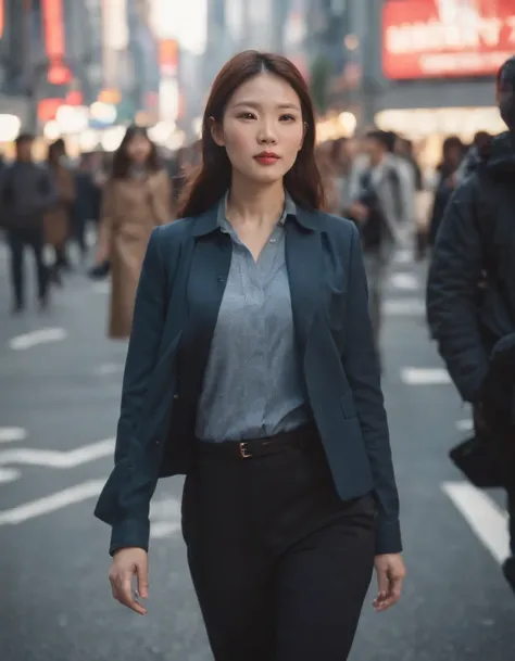 Against the backdrop of people walking at Shibuya intersection, Morning sky, natural light, Adjust the lighting to match the scene......., sharp, sharp, close up shot, shirt, Same move......, Half-body photo, japan, in Tokyo, In Tokyo Shinjuku, In NeoTokyo...