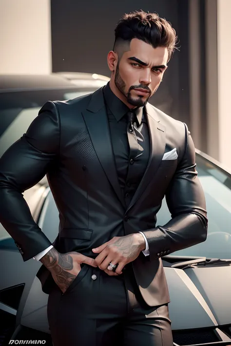 Hello! Estou procurando uma imagem de alta qualidade de um homem usando terno preto ao lado de uma Lamborghini preta.