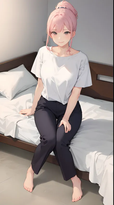 1girll, 独奏, Wear light-colored short sleeves，Wear pink slacks，sit on a bed，The chest is particularly large，Perfect hands，black ponytail