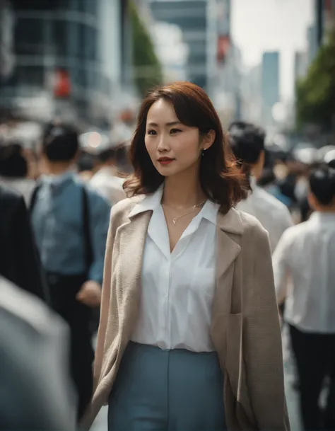 Against the backdrop of people walking at Shibuya intersection, Morning sky, natural light, Adjust the lighting to match the scene......, sharp, sharp, close up shot, shirt, Same move....., Half-body photo, japan, in Tokyo, In Tokyo Shinjuku, In NeoTokyo, ...