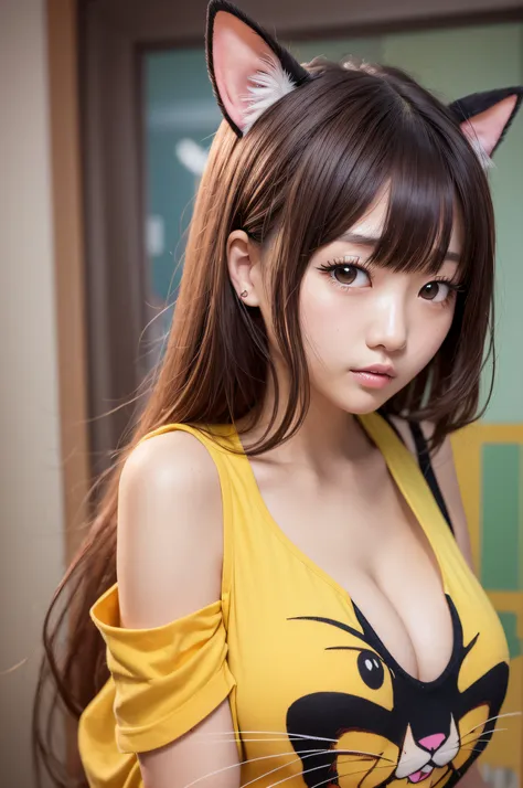 a close up of a woman wearing a yellow shirt with a pokemon face on it, gigantic breasts,  korean girl, sexybeautiful south korean woman, very beautiful cute catgirl, she has a cute expressive face, anime girl in real life, gorgeous young korean woman, gir...