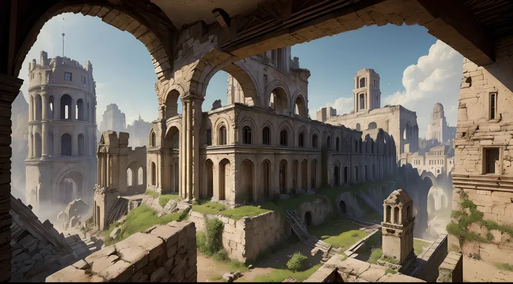 (realistic,photorealistic:1.37),detailed ruins,dynamic cityscape,authentic historical atmosphere,ancient architecture,life-like textures,crumbling stone walls,natural lighting,historical figures,religious symbols,vibrant colors.