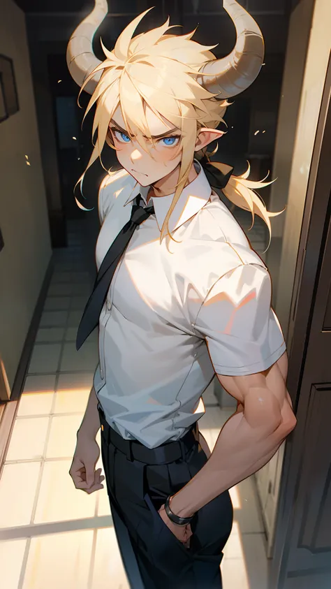 masterpiece, best quality,teen boy, blue eyes, white shirt, black pants ,black tie,long hair, blonde hair, horns,angry face,((sm...