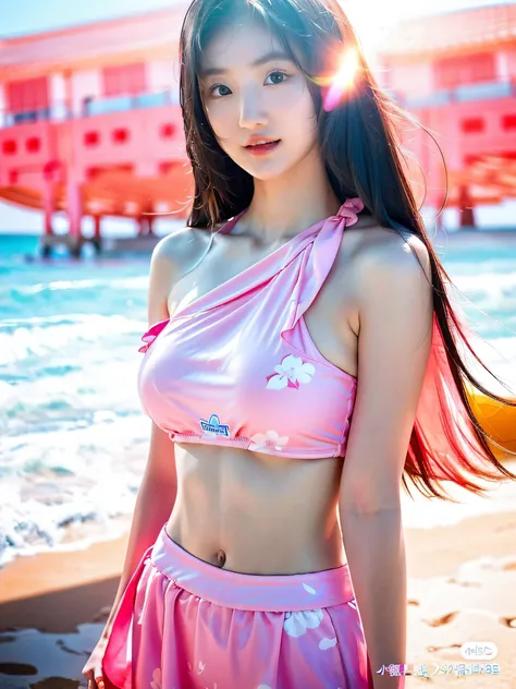 a close up of a woman in a pink dress on a beach, wearing two - piece swimsuit, beautiful south korean woman, hot with shining s...