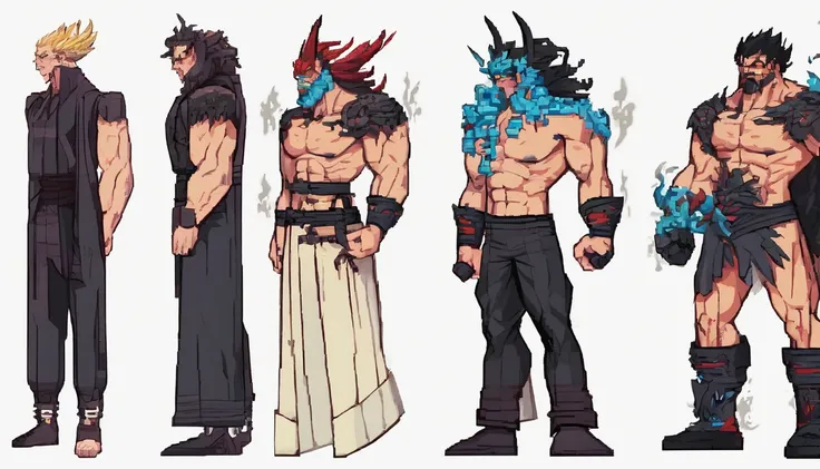 middle aged man, Evil painting style, A low resolution, Black color hair one bang infront, warrior, blue flame demon, Expression of anger, Perfect body proportions, Black baggy pants and blue tank top, Handsome, standing on your feet, （White background：1.3...