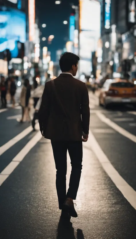 Against the backdrop of people walking at Shibuya intersection, Morning sky, natural light, Adjust the lighting to match the scene........., sharp, sharp, close up shot, shirt, Same move........, Half-body photo, japan, in Tokyo, In Tokyo Shinjuku, In NeoT...