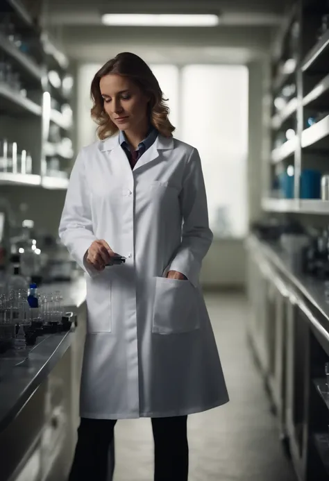 scientist, white lab coat, in a lab, best quality, ultra realistic, 16:9