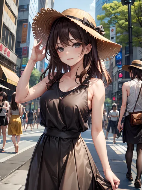 top-quality、Full limbs、complete fingers、one beautiful women、Beautiful Large Breasts、Medium Hair、((Random hair))、Brown hair、((Black Sleeveless Tops))、Long skirt in beige color、Shibuya、sexypose、、Crisp face、hat