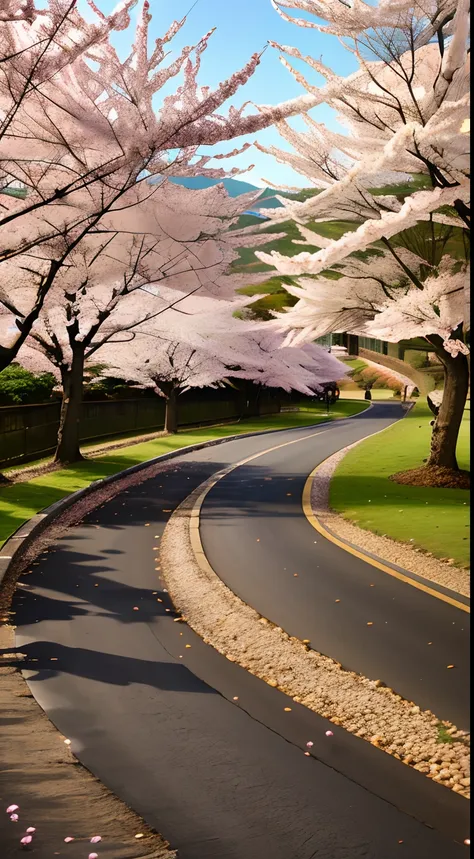 Image of a long and winding road, Sakura cherry blossom in full bloom, Bright light leading to the horizon, bright morning，suns rays