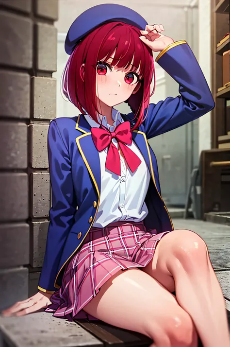 red eyes, red hair, ((bob hair)), school_uniform, blue beret, pink_red bowtie, blue_jaket, miniskirt, nsfw, (sitting), (pantysho...