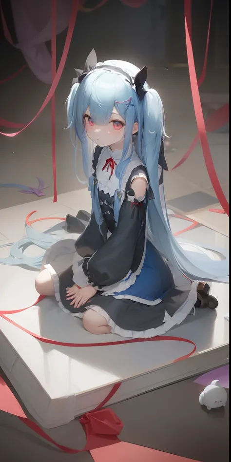 Anime girl sitting on the floor，A red ribbon hangs around his neck, rimuru, loli in dress, Rem Rezero, small curvaceous loli, zerochan art, Pisif Contest Champion, Pisif, author：New Art, small loli girl, at pixiv, Loli, zerochan, anime moe art style, Highe...