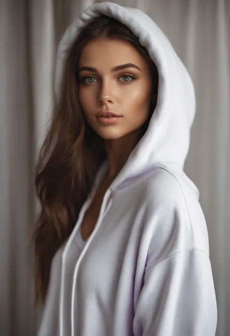 arafed woman with a white (perfect oversized hoodie) and, sexy girl with green eyes, full length sophie mudd, brown hair and large eyes, photo of a young woman, bedroom eyes, violet myers, without makeup, natural makeup, looking directly at the camera, fac...