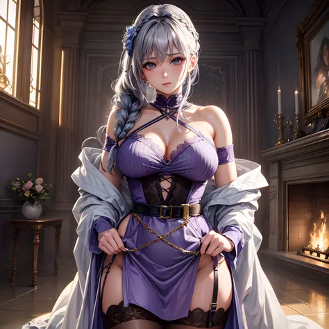 Scene with close-up focus, Pretty woman, Gray eyes, light blue braided hair[Eye Shadow] [Blushing]{{thighs}}{{medium-sized breasts}} Short purple dress with a belt at the center, sheer shoulders and sheer collar [[[[[[[[[[Intricately detailed outfit]]]]]]]...