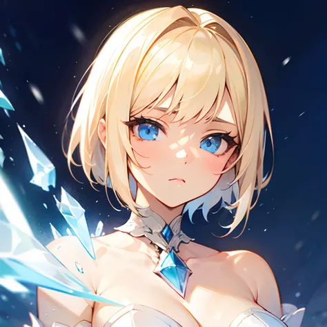 1girl, short blonde hair, blue eyes, white evening dress, white gloves, medium breast, stoic expression, frost, holding ice, ice sorceress, solo, best quality, masterpiece, portrait, snowy background, looking at the camera, from the front, 1result, vibrant...