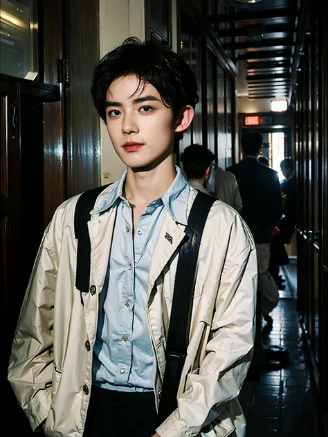 best quality, ultra high res, (photorealistic:1.4), masterpiece, Kodak portra 400, 2000s Japanese male model featured in a Fruit magazine, showcasing school boy uniform Harajuku fashion,