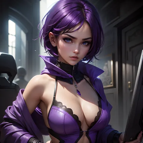 Fierce mysterious gamer girl, beautiful, short hair, extremely gorgeous, side close up, covered up, natural, wears purple