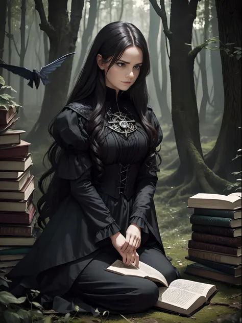 a woman sitting on the ground surrounded by books, flying books, books flying around, spell casting, spell book pose, black gothic dress. Angry face, high quality fantasy, flying magic books, book portrait, dramatic reading book pose, reading, sitting in t...