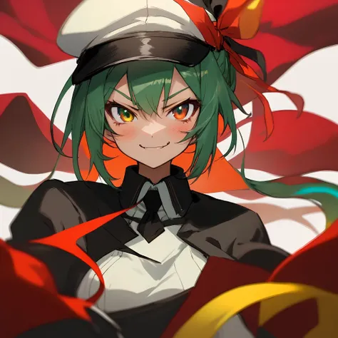 Anime Girl with a black neck-length ponytail hair, ruby-eye coloured, linen-skin coloured with a smug face and wearing a black cap and tactical gear