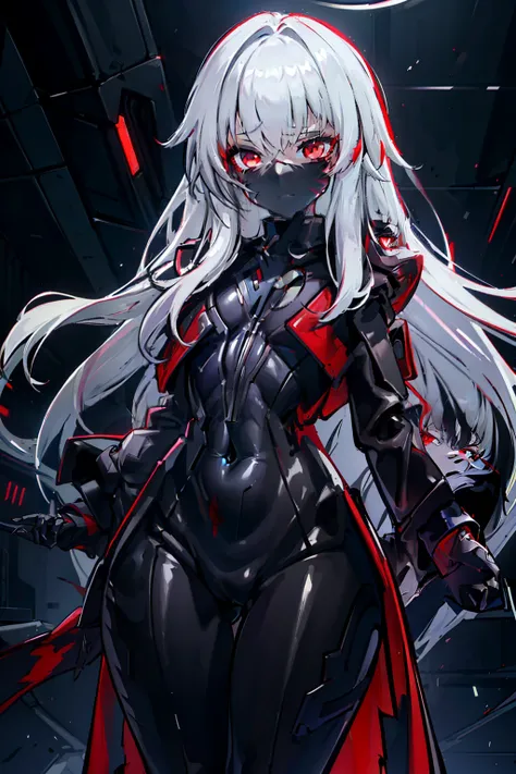 terroral， sci-fy， A futuristic， background inside dark， neonlight， cyber punk perssonage， hyper realisitc， eerie， unnerving， spine-chilling， terroral， Simetall，Red eyes，Blackened，long black gloves，Jumpsuits，Tight one-piece stockings，Highlight her gorgeous ...