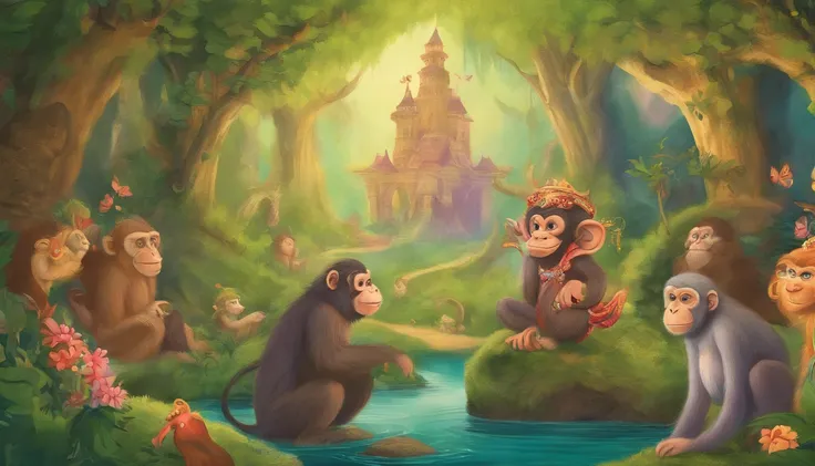 an elderly monkey with a wise appearance, with a tail and an ape-like appearance. Other monkeys and animals around you.
The illustration should radiate a sense of joyful chaos and camaraderie, with vibrant colors and expressive character designs that bring...