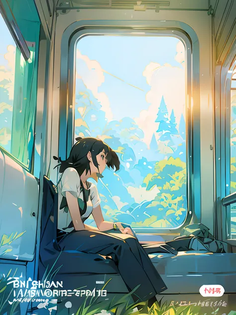 Anime girl sitting on train looking out the window,  ( ( Makoto Shinkai ) ), Makoto Shinkais style