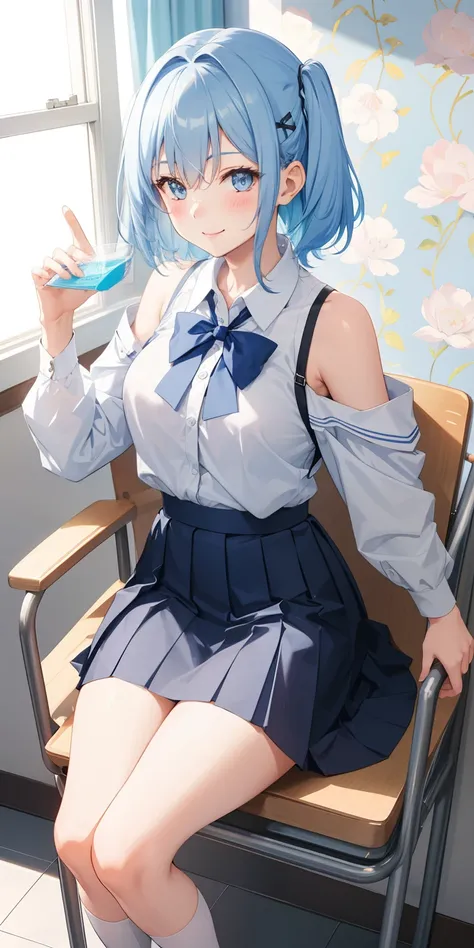 1girl,  shoulder-length hair,  light blue hair, school uniform, skirt, thighs, smiling, happy,  blush, sitting, chair, glowing, sidelighting, wallpaper