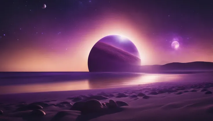 Craft an image of an intergalactic beach with cosmic sands, shimmering with hues of purple and gold, as extraterrestrial beings gather to witness a celestial eclipse."