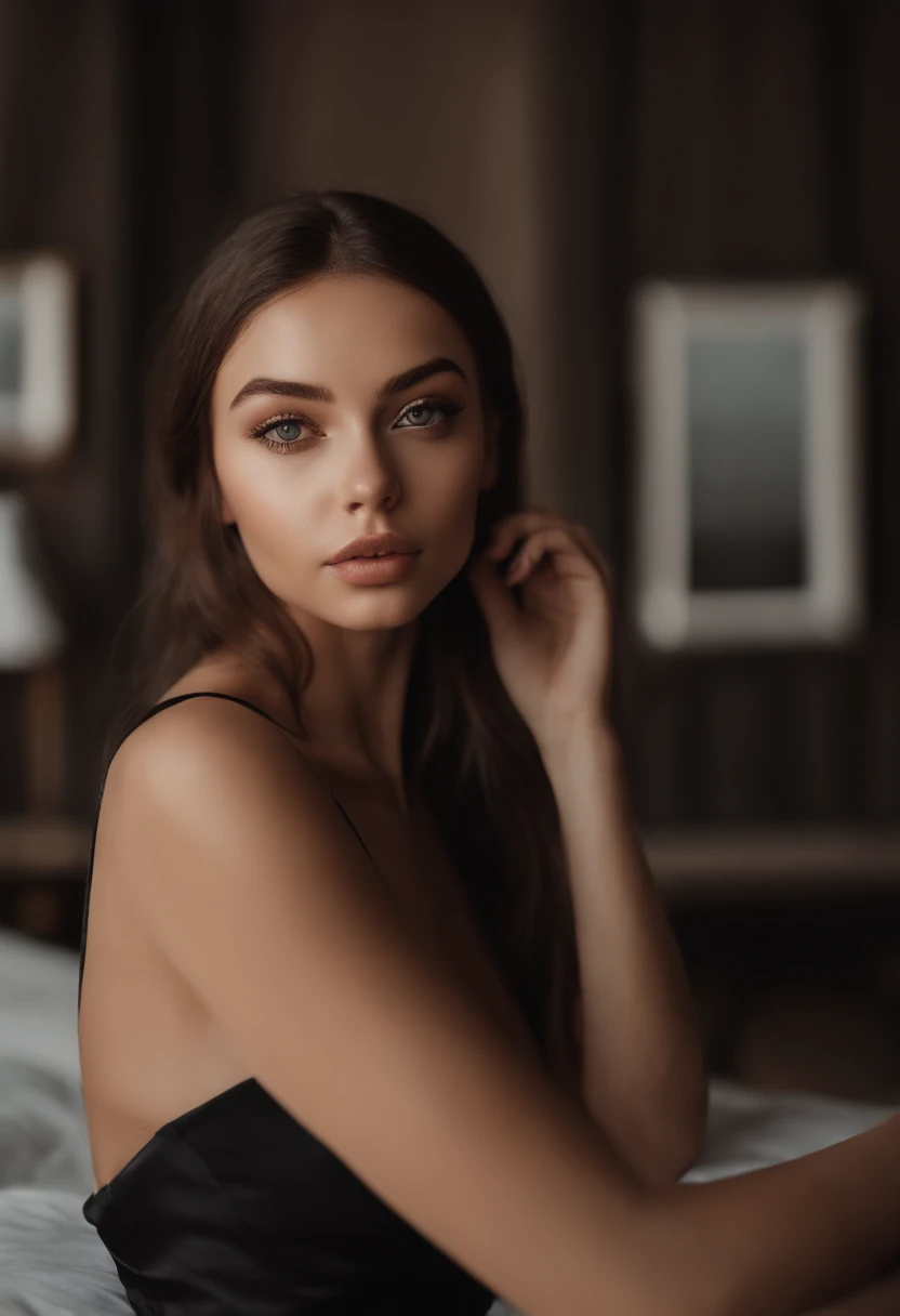 arafed woman with black clothes, sexy girl with brown eyes, portrait sophie mudd, brown hair and large eyes, selfie of a young woman, bedroom eyes, violet myers, without makeup, natural makeup, looking directly at the camera, face with artgram, subtle make...