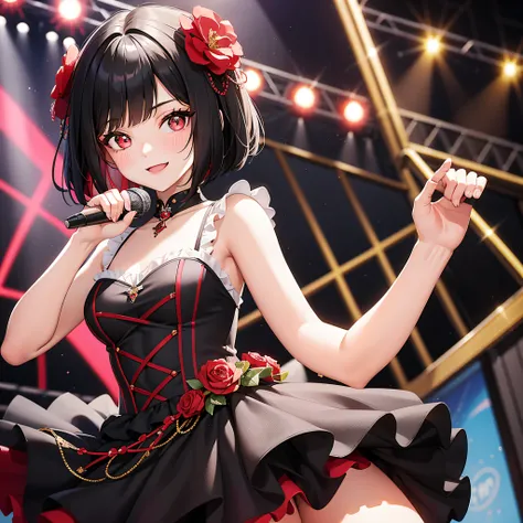 20 year old woman, beauty, beautiful black hair, bob cut, beautiful red eyes, flower hair ornament, person close-up, being in a live venue, costume with lots of frills, singing with microphone in one hand, idol, smile, light dancing,